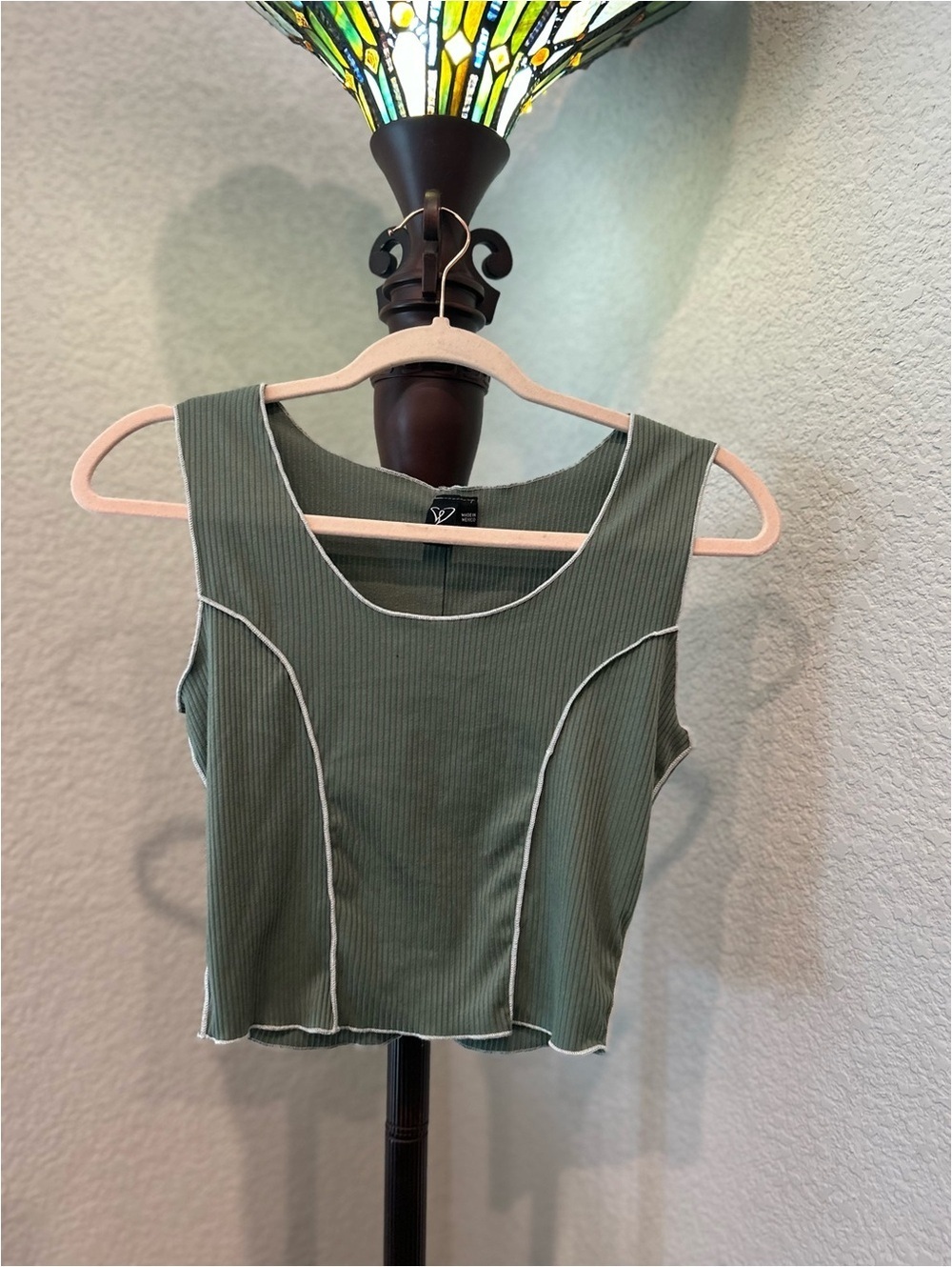 Forever 21 Green Ribbed Crop Tank Top with Contrast Stitching, Size Small